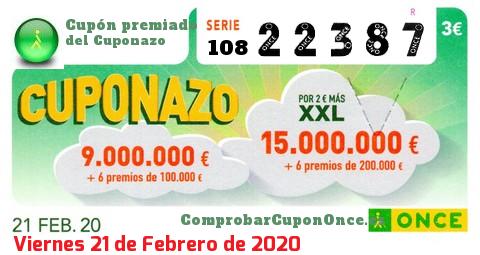 Cuponazo ONCE premiado el Viernes 21/2/2020