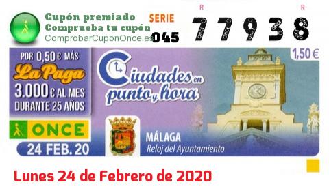 Cupón ONCE premiado el Lunes 24/2/2020