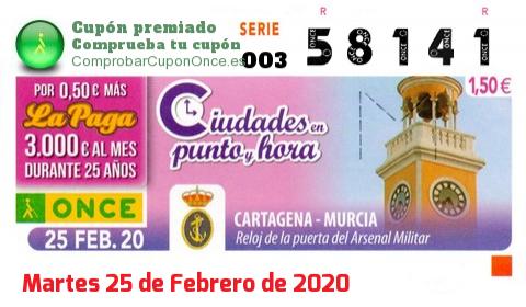 Cupón ONCE premiado el Martes 25/2/2020