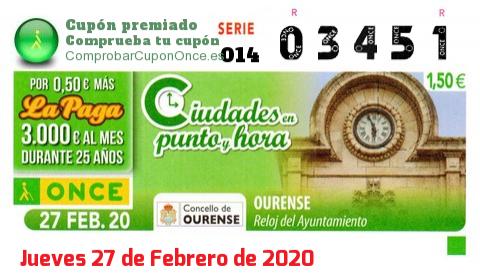 Cupón ONCE premiado el Jueves 27/2/2020