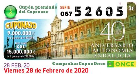 Cuponazo ONCE premiado el Viernes 28/2/2020