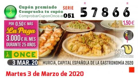 Cupón ONCE premiado el Martes 3/3/2020