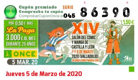 Cupón ONCE premiado el Jueves 5/3/2020