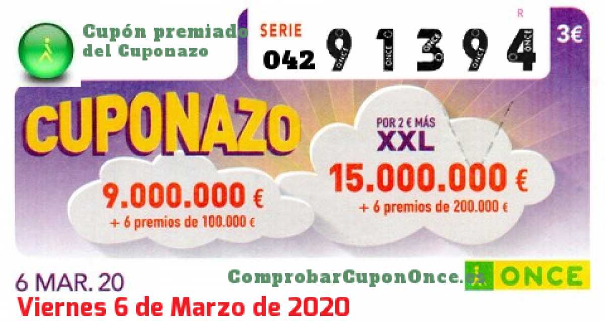Cuponazo ONCE premiado el Viernes 6/3/2020