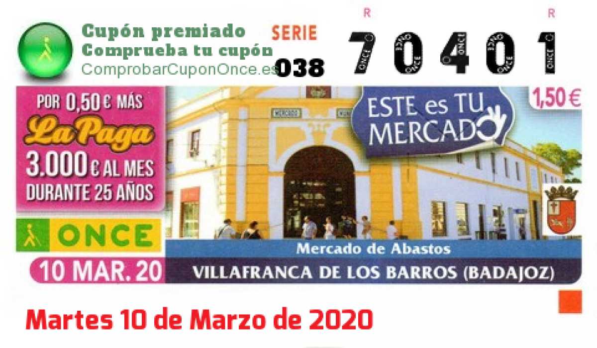 Cupón ONCE premiado el Martes 10/3/2020