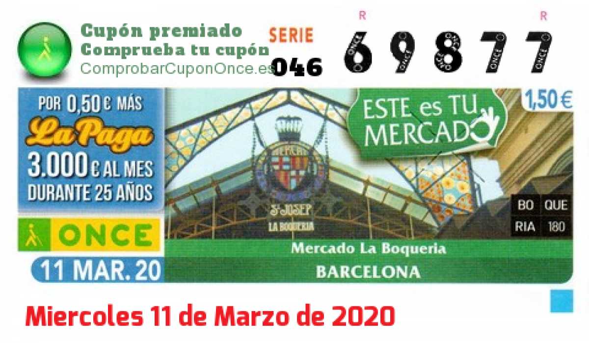 Cupón ONCE premiado el Miercoles 11/3/2020