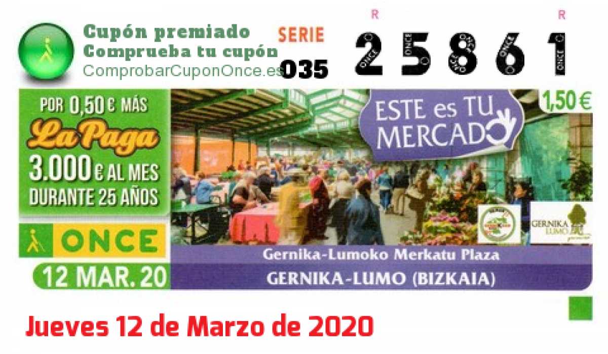 Cupón ONCE premiado el Jueves 12/3/2020