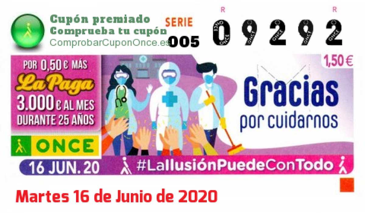 Cupón ONCE premiado el Martes 16/6/2020
