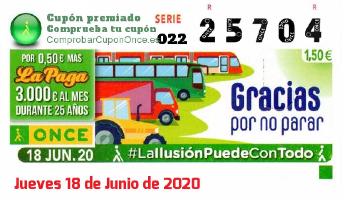 Cupón ONCE premiado el Jueves 18/6/2020