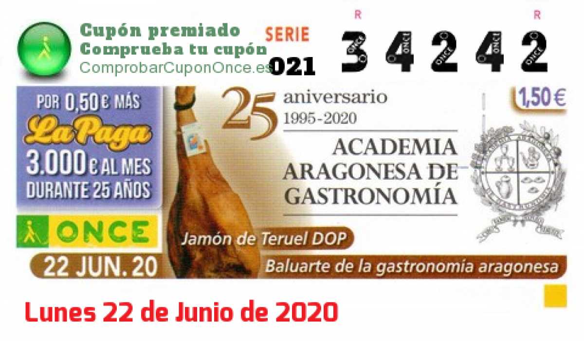 Cupón ONCE premiado el Lunes 22/6/2020