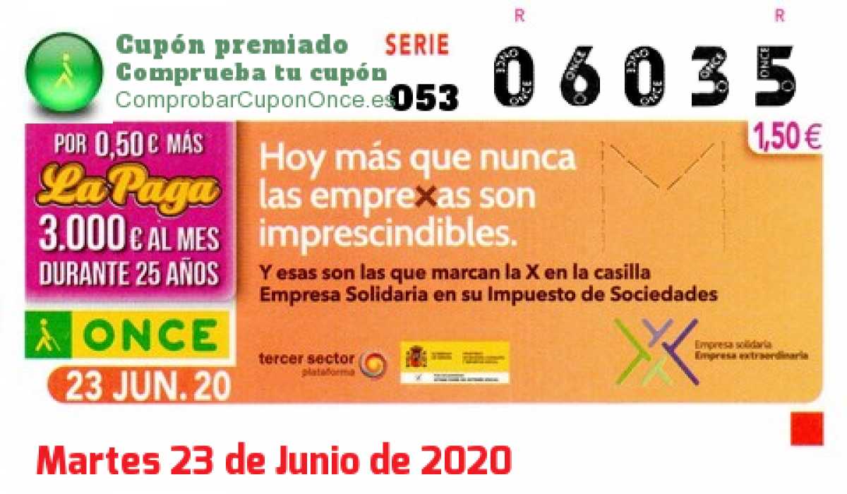 Cupón ONCE premiado el Martes 23/6/2020