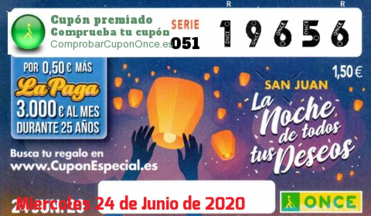 Cupón ONCE premiado el Miercoles 24/6/2020