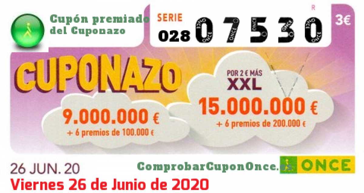 Cuponazo ONCE premiado el Viernes 26/6/2020