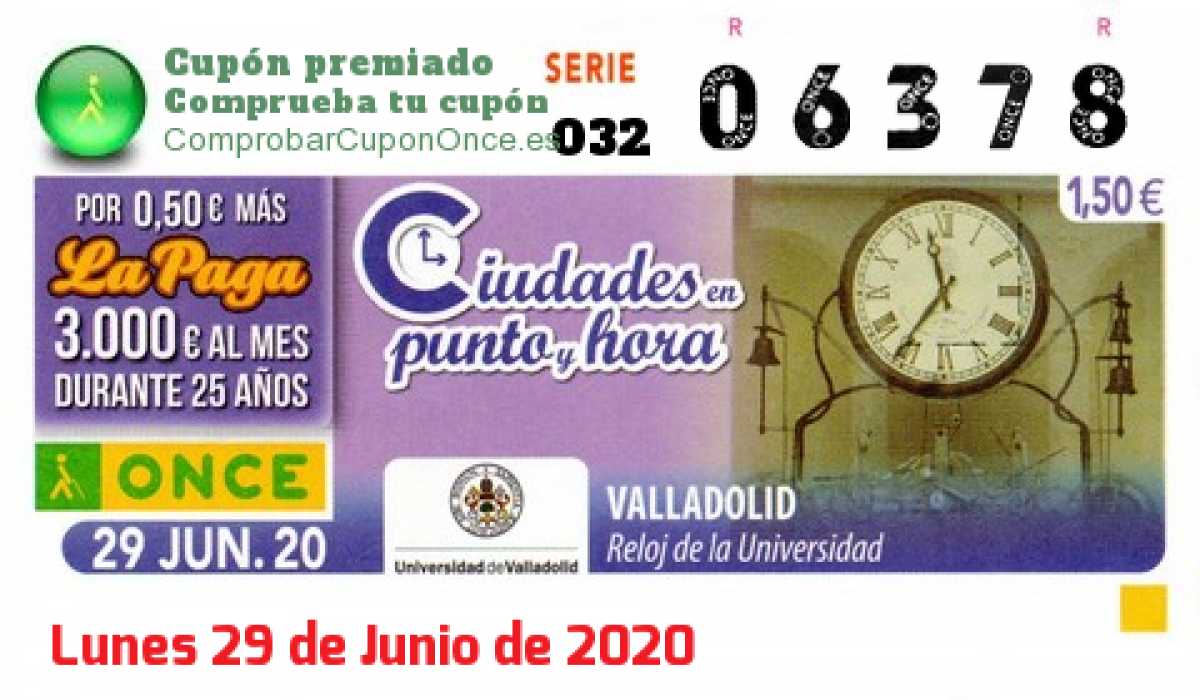 Cupón ONCE premiado el Lunes 29/6/2020