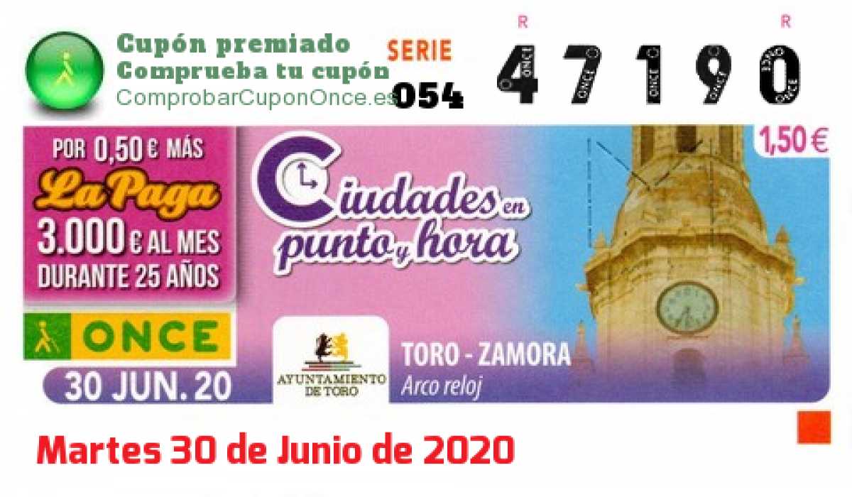 Cupón ONCE premiado el Martes 30/6/2020