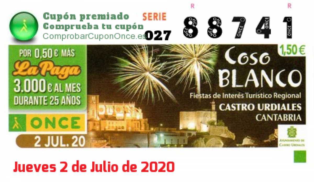 Cupón ONCE premiado el Jueves 2/7/2020