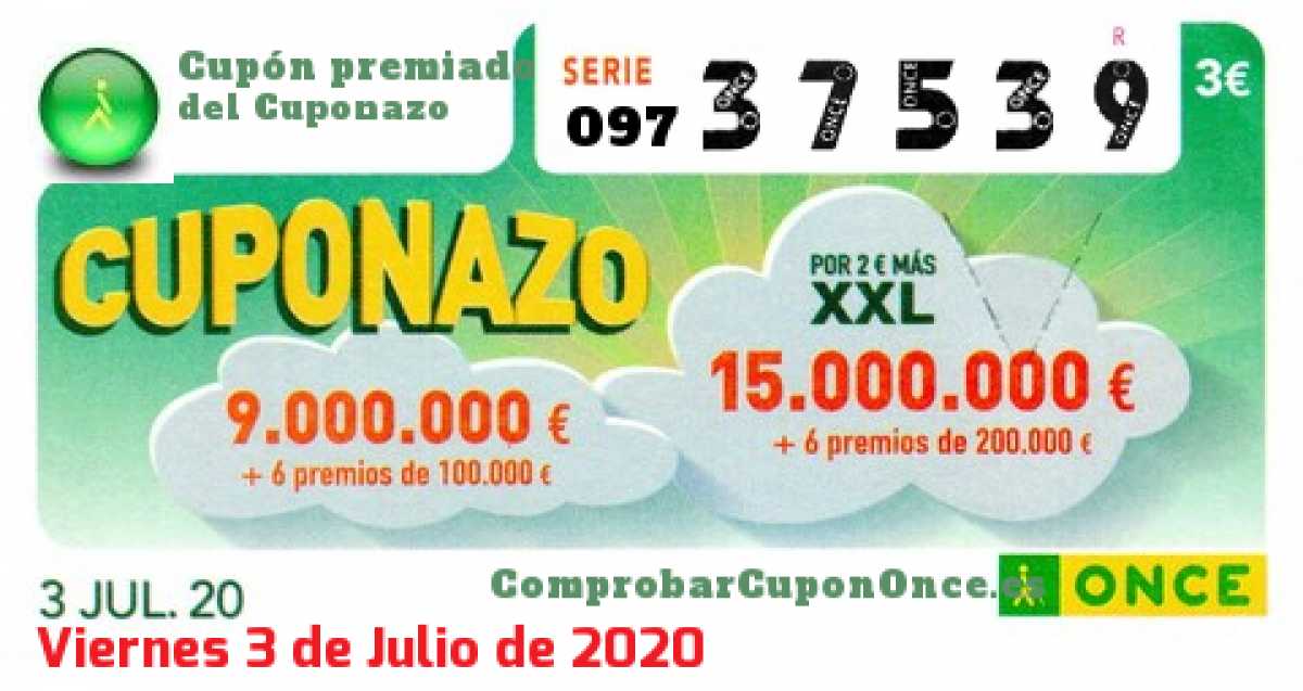 Cuponazo ONCE premiado el Viernes 3/7/2020