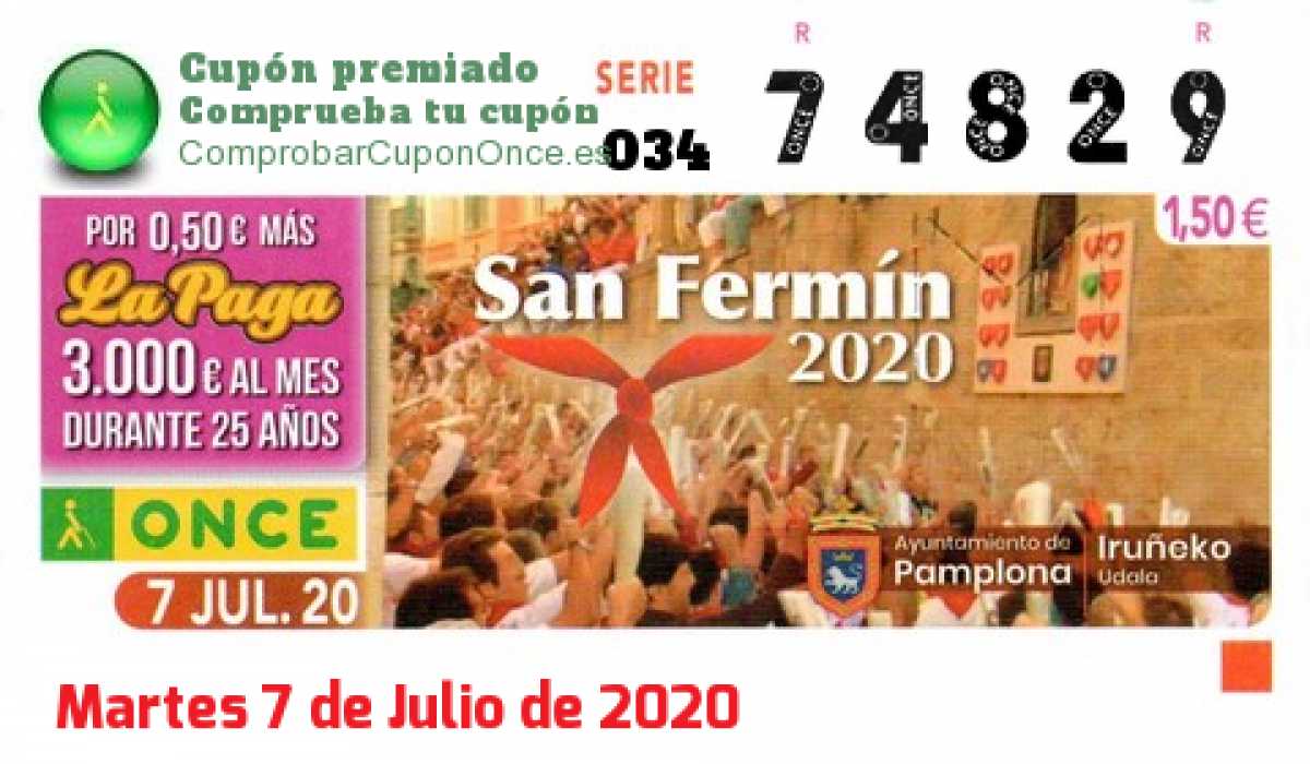 Cupón ONCE premiado el Martes 7/7/2020