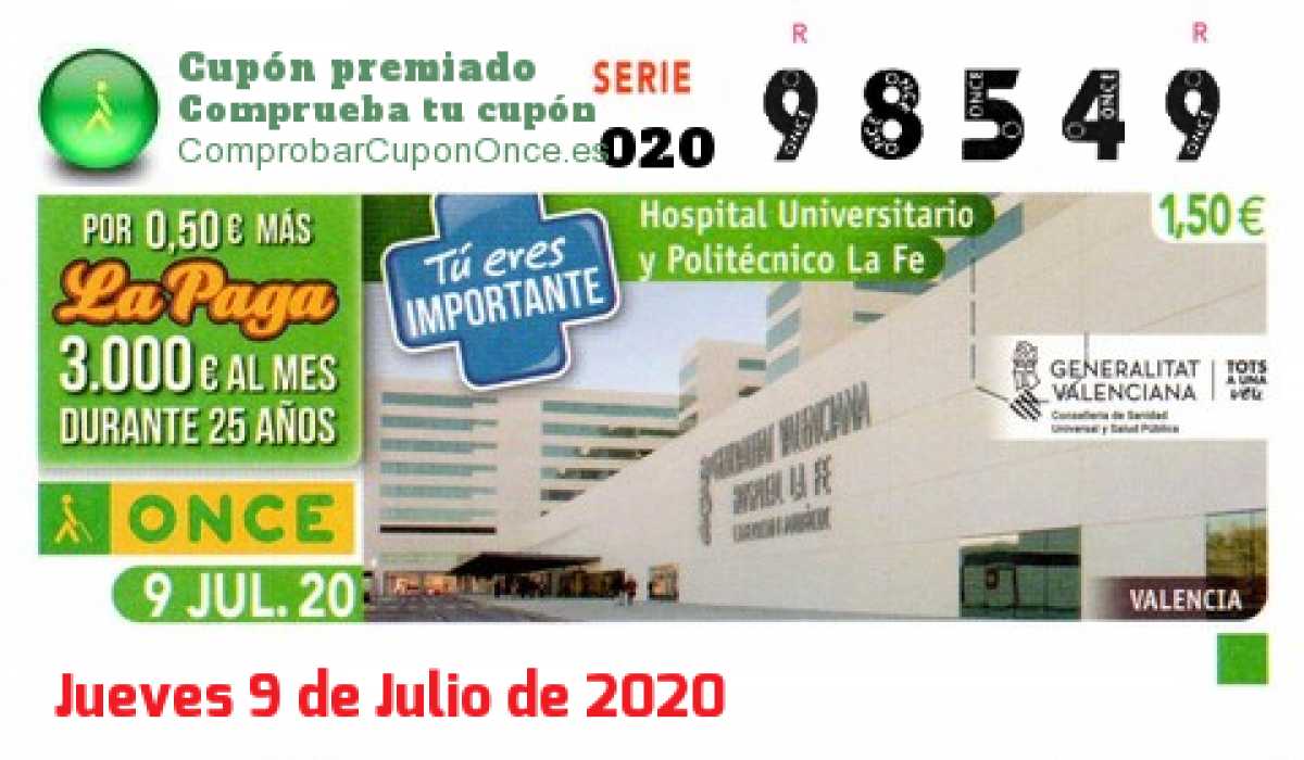 Cupón ONCE premiado el Jueves 9/7/2020