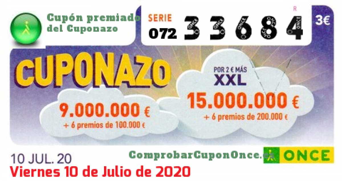 Cuponazo ONCE premiado el Viernes 10/7/2020