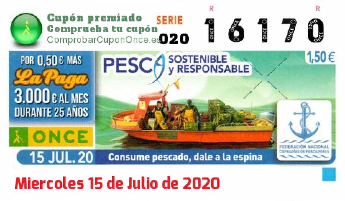 Cupón ONCE premiado el Miercoles 15/7/2020