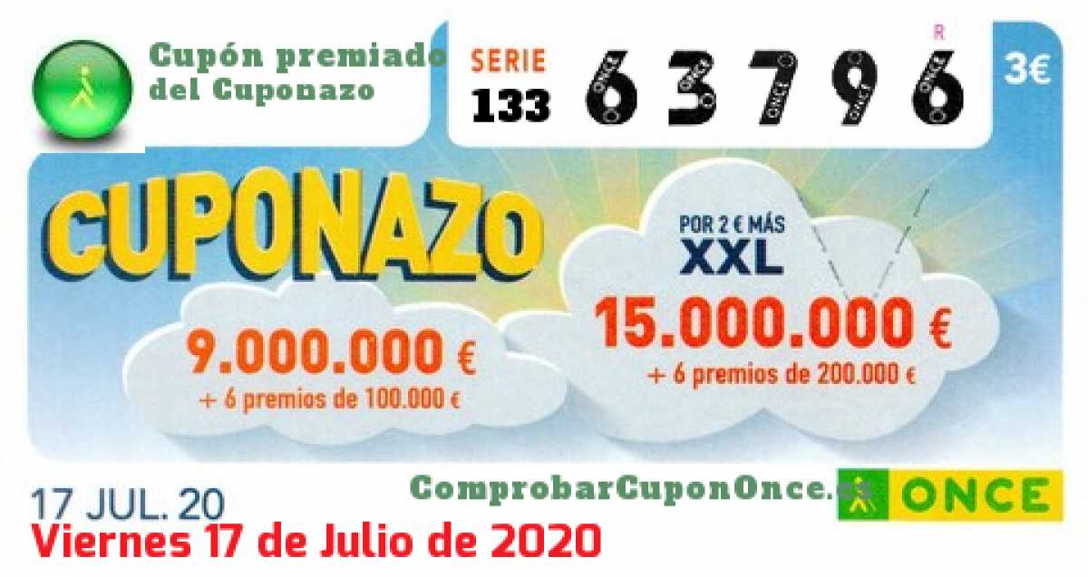 Cuponazo ONCE premiado el Viernes 17/7/2020