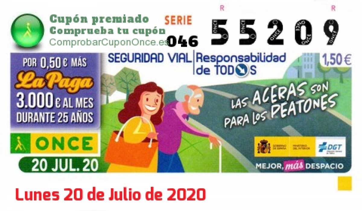 Cupón ONCE premiado el Lunes 20/7/2020