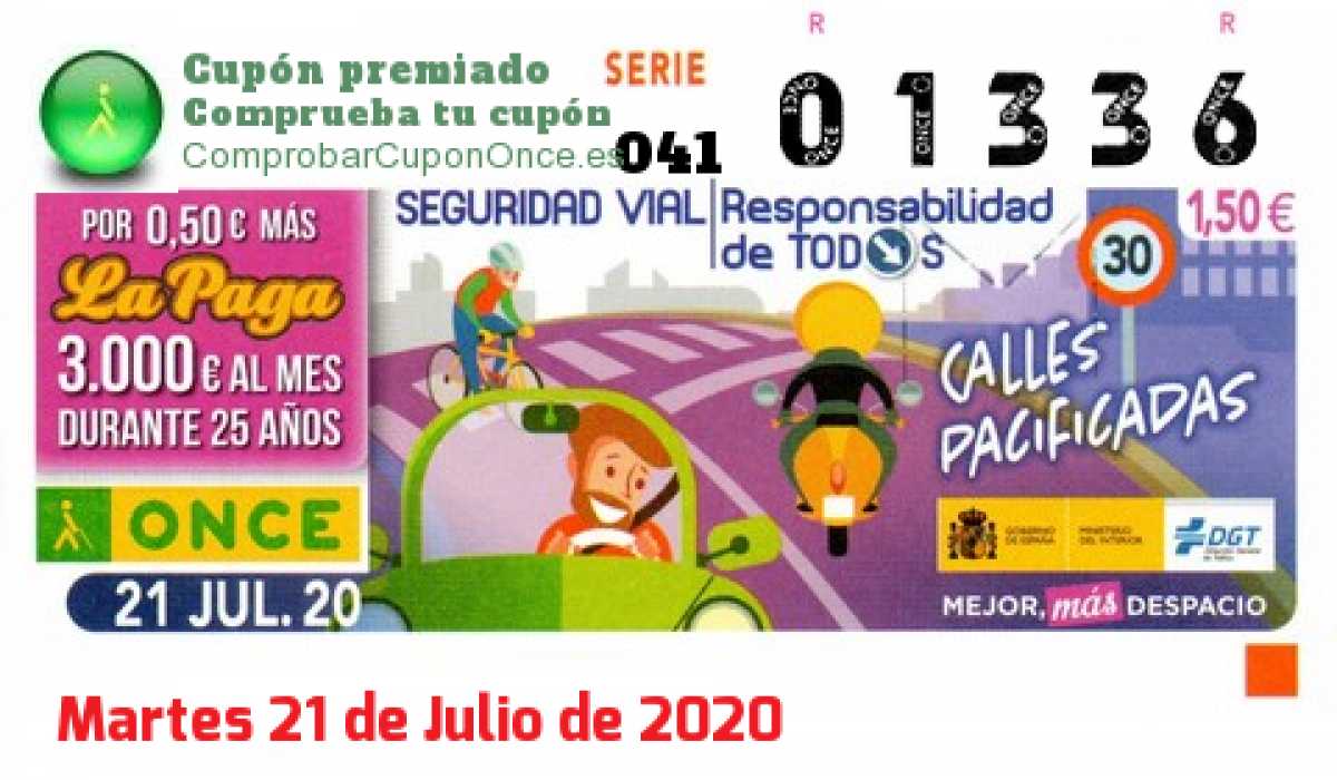 Cupón ONCE premiado el Martes 21/7/2020