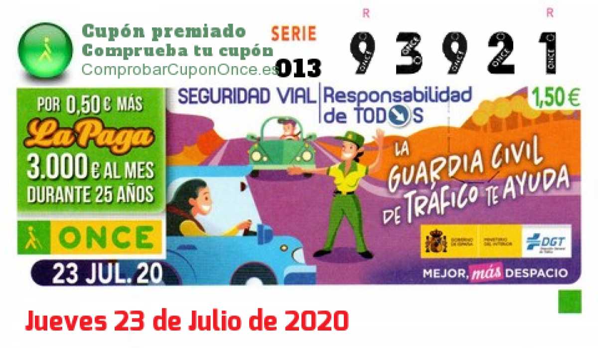 Cupón ONCE premiado el Jueves 23/7/2020