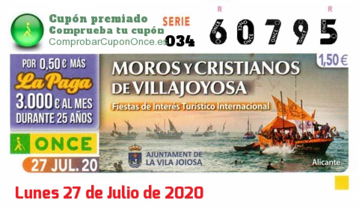 Cupón ONCE premiado el Lunes 27/7/2020