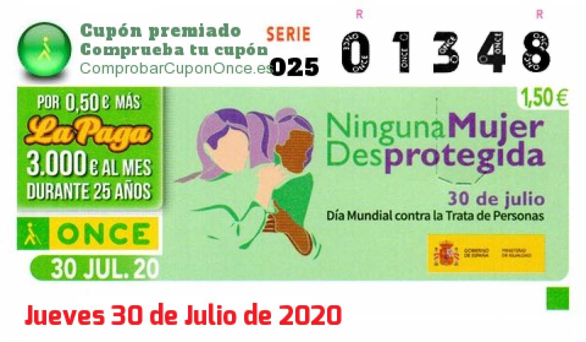 Cupón ONCE premiado el Jueves 30/7/2020