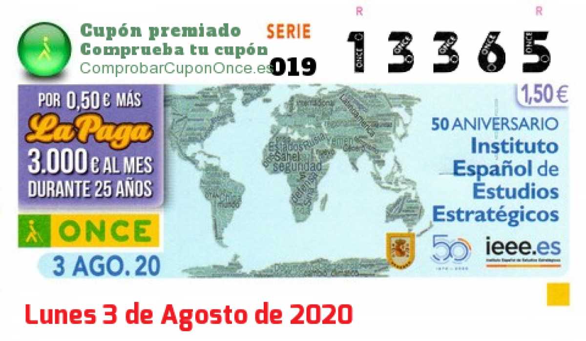 Cupón ONCE premiado el Lunes 3/8/2020