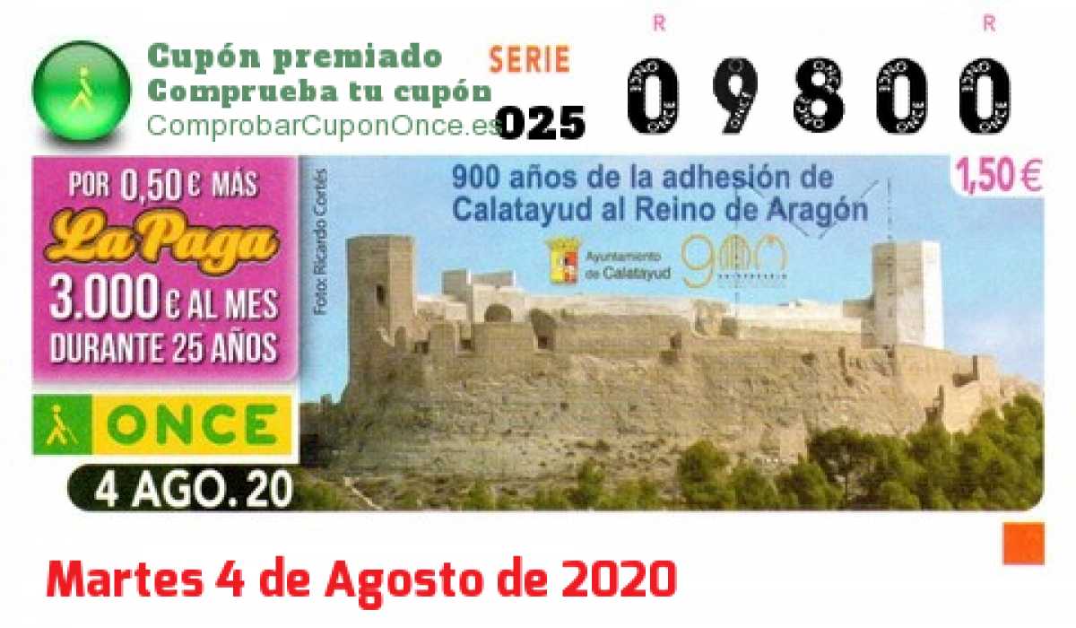 Cupón ONCE premiado el Martes 4/8/2020