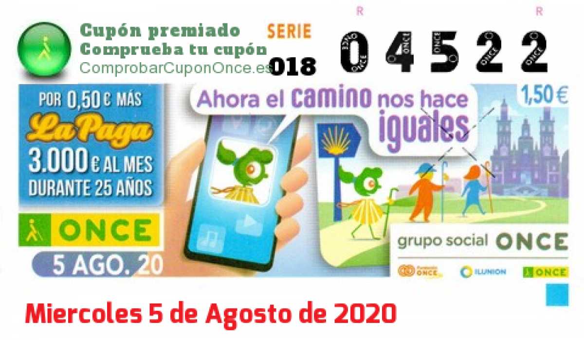 Cupón ONCE premiado el Miercoles 5/8/2020