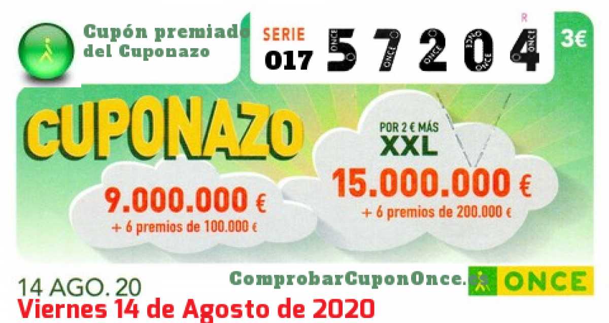 Cuponazo ONCE premiado el Viernes 14/8/2020