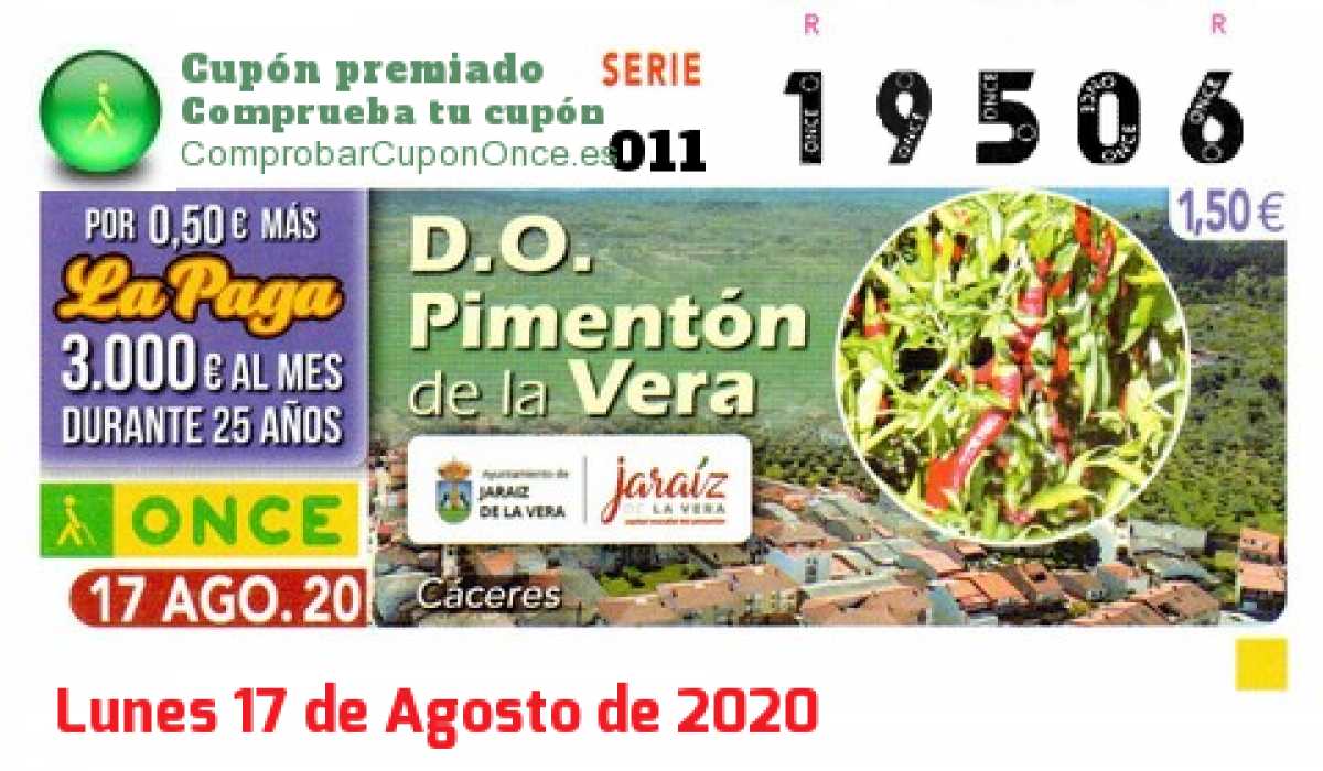 Cupón ONCE premiado el Lunes 17/8/2020