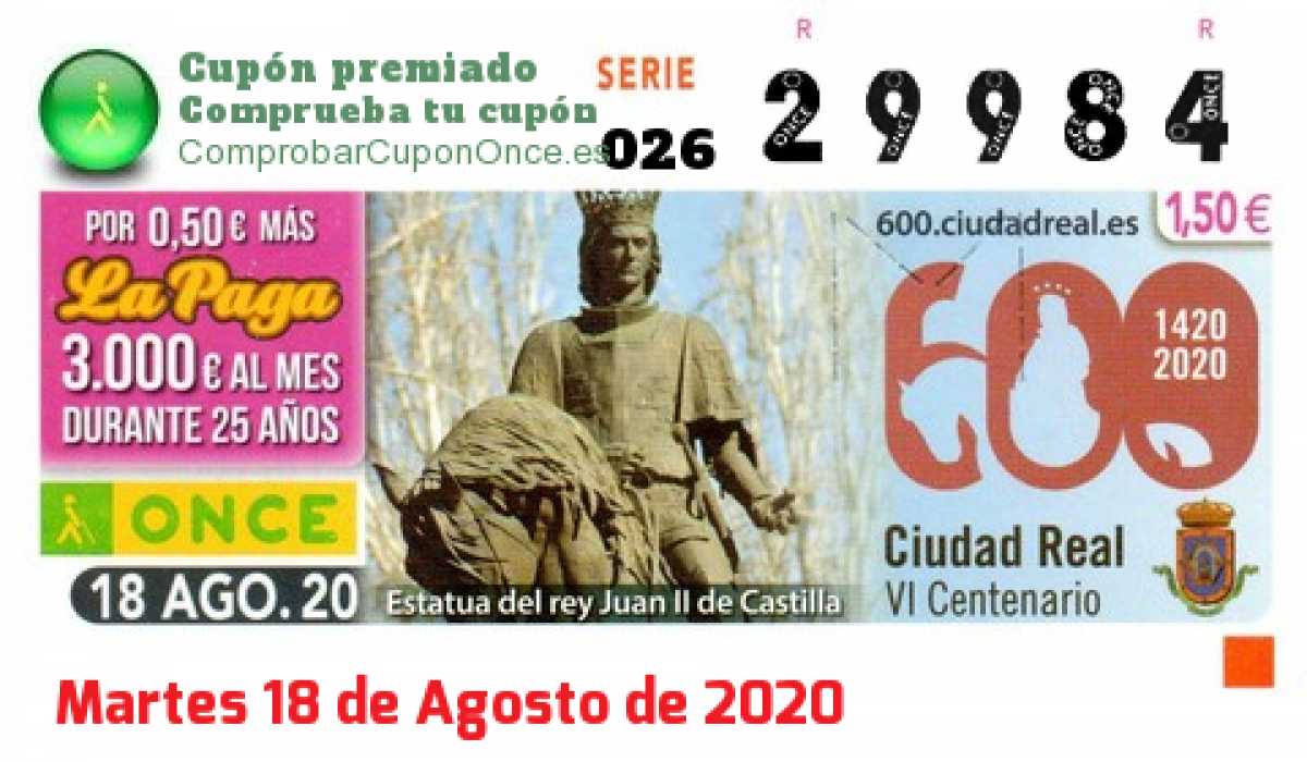Cupón ONCE premiado el Martes 18/8/2020