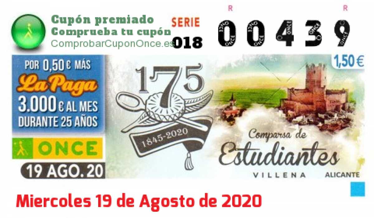 Cupón ONCE premiado el Miercoles 19/8/2020