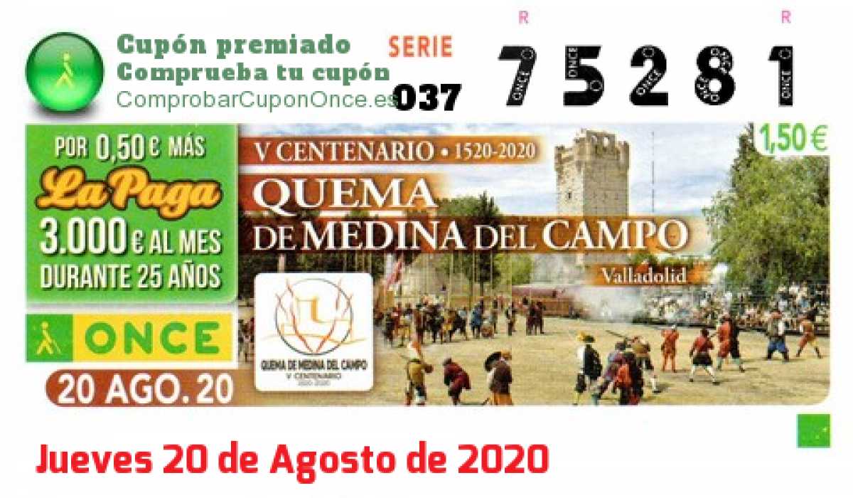 Cupón ONCE premiado el Jueves 20/8/2020