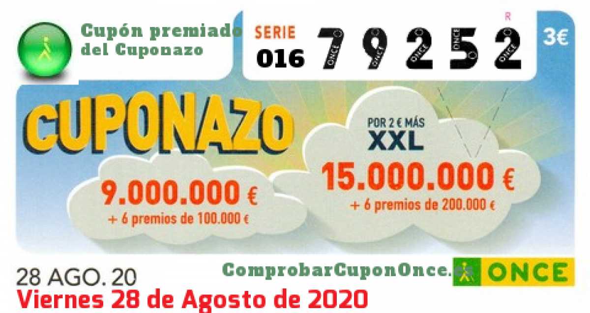 Cuponazo ONCE premiado el Viernes 28/8/2020