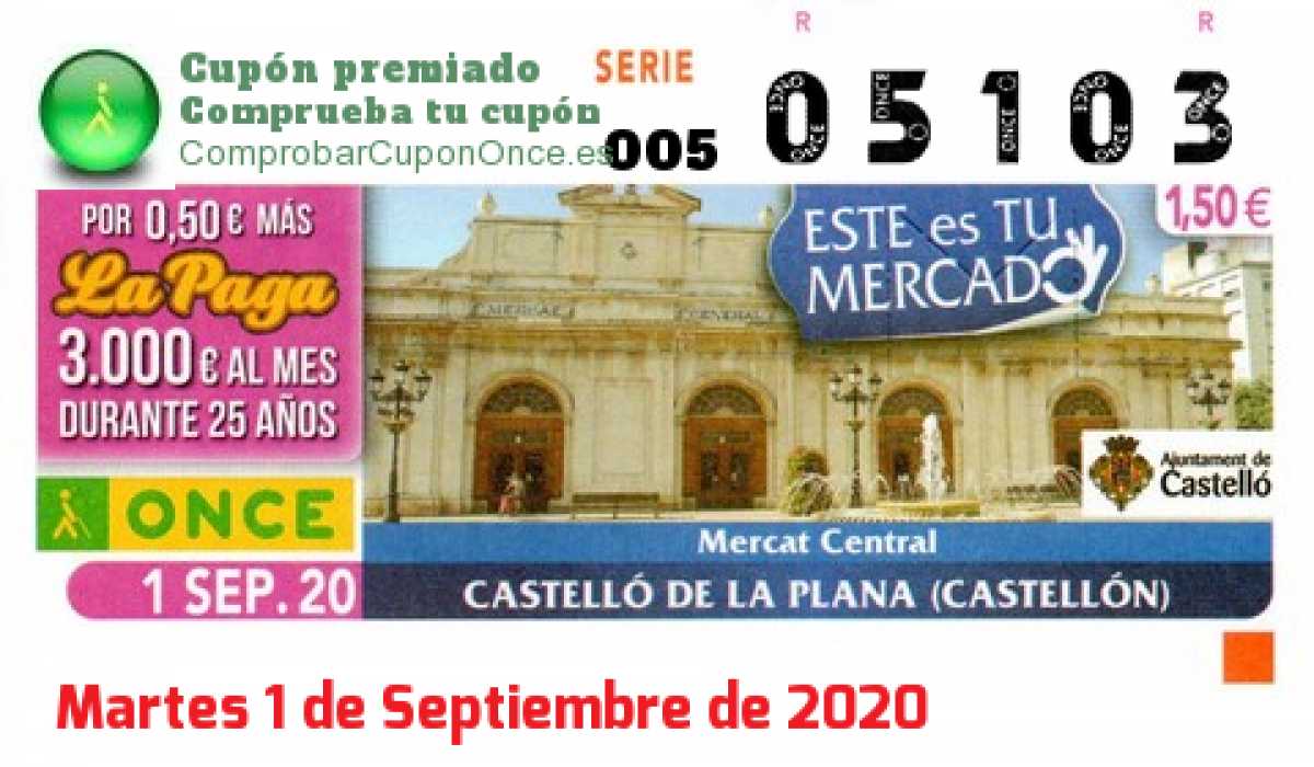 Cupón ONCE premiado el Martes 1/9/2020