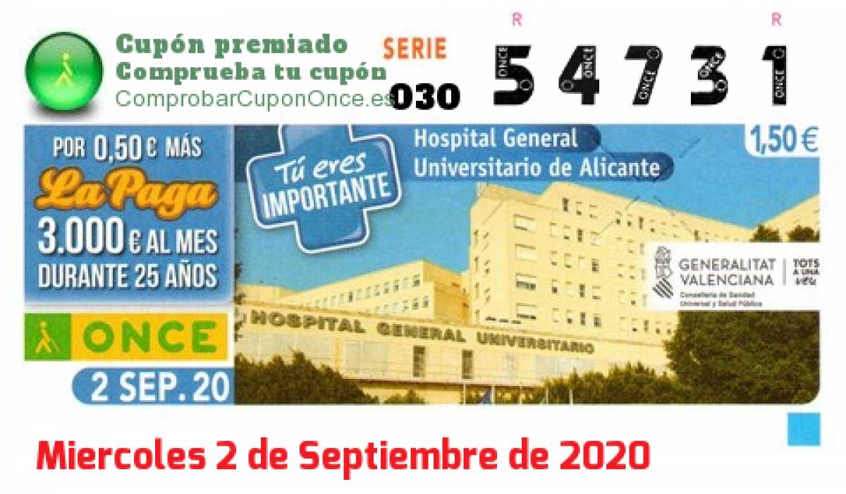 Cupón ONCE premiado el Miercoles 2/9/2020