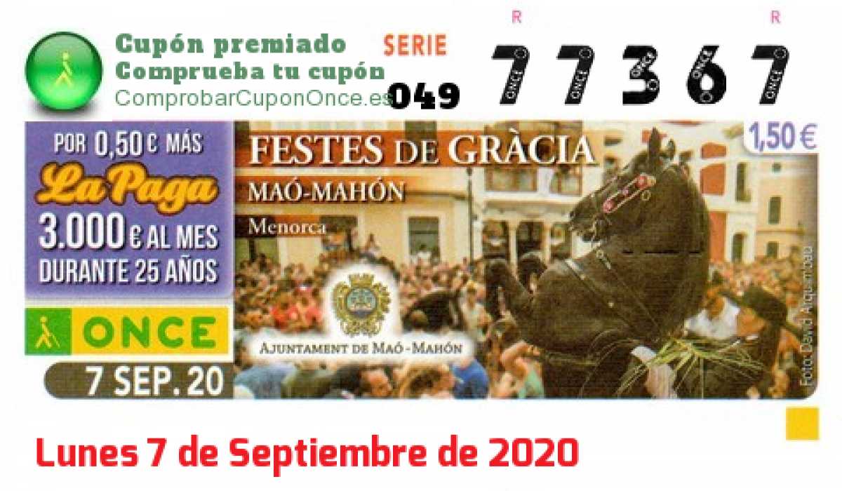 Cupón ONCE premiado el Lunes 7/9/2020