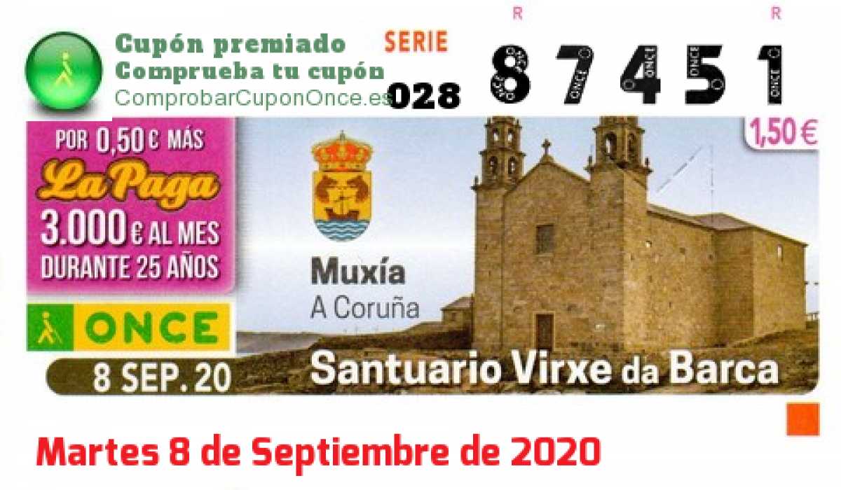 Cupón ONCE premiado el Martes 8/9/2020