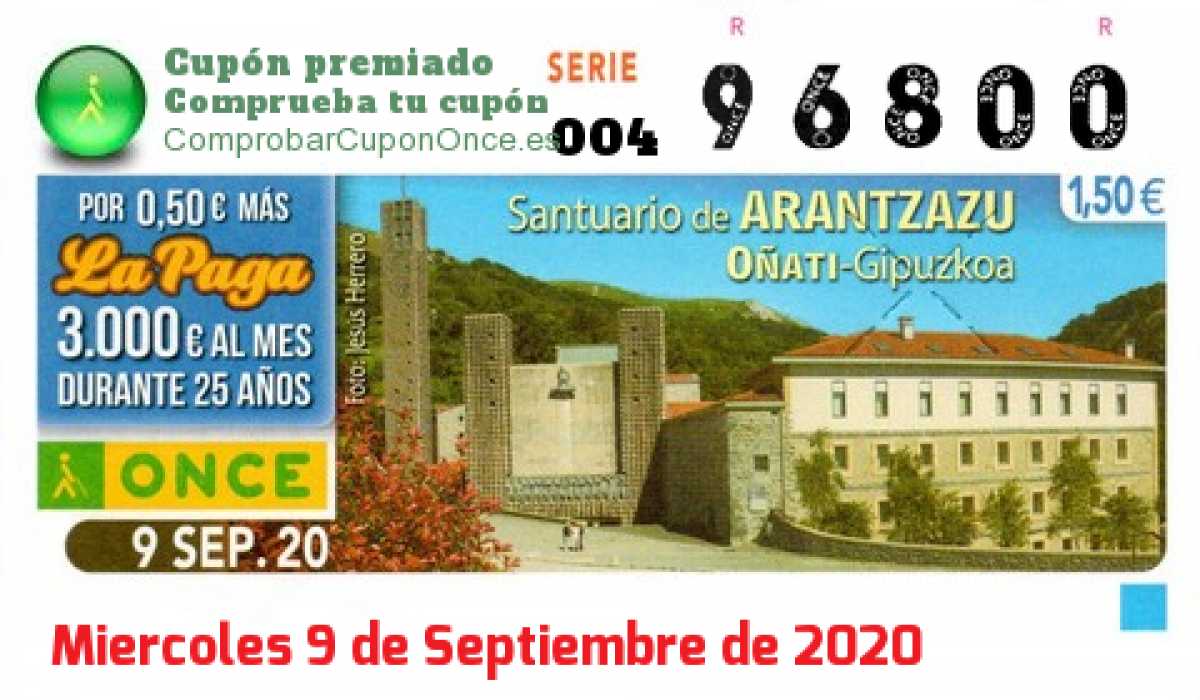 Cupón ONCE premiado el Miercoles 9/9/2020