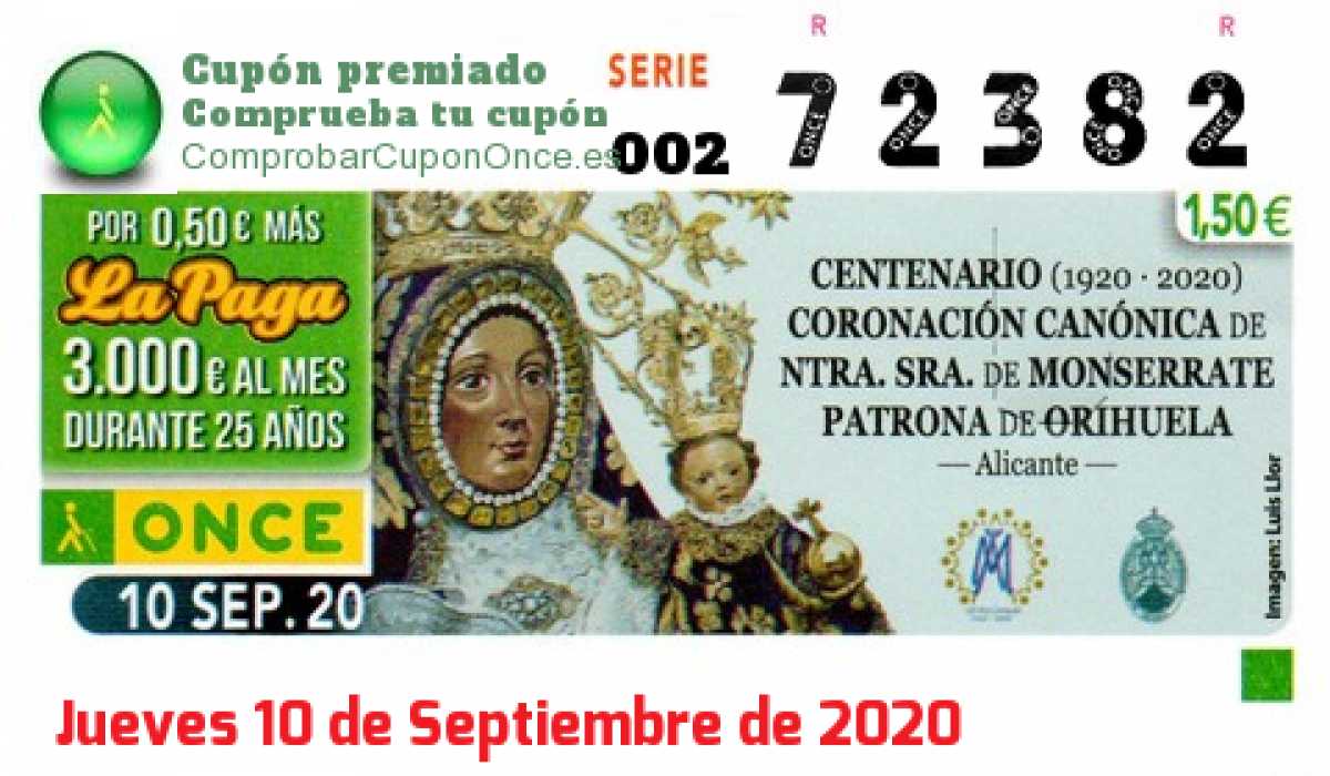 Cupón ONCE premiado el Jueves 10/9/2020