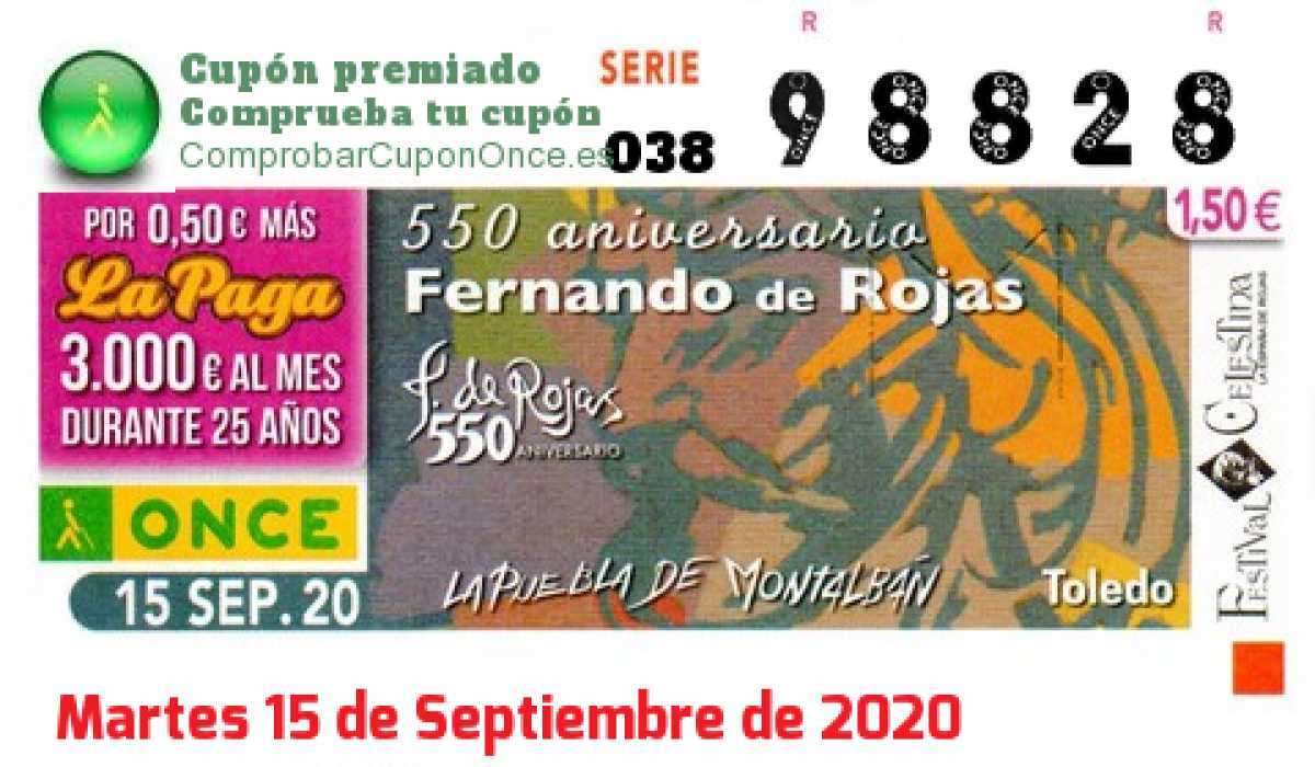 Cupón ONCE premiado el Martes 15/9/2020