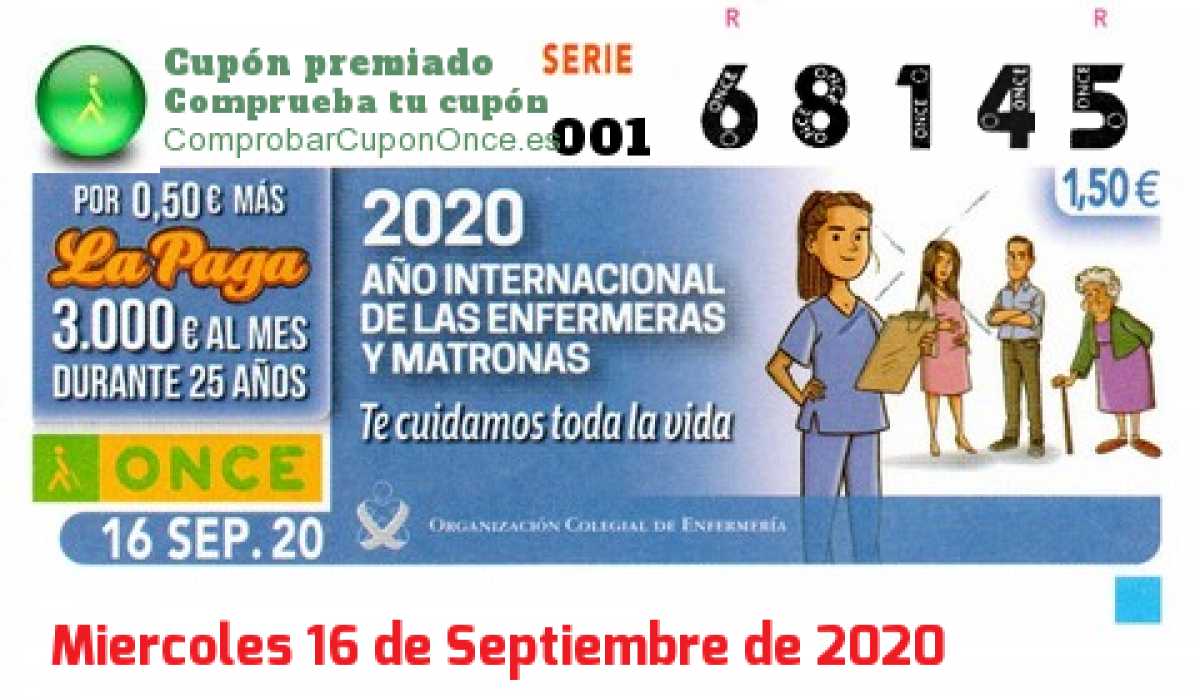 Cupón ONCE premiado el Miercoles 16/9/2020
