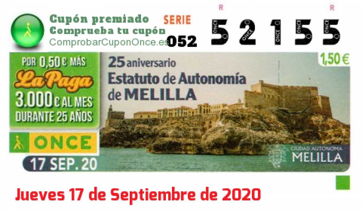 Cupón ONCE premiado el Jueves 17/9/2020