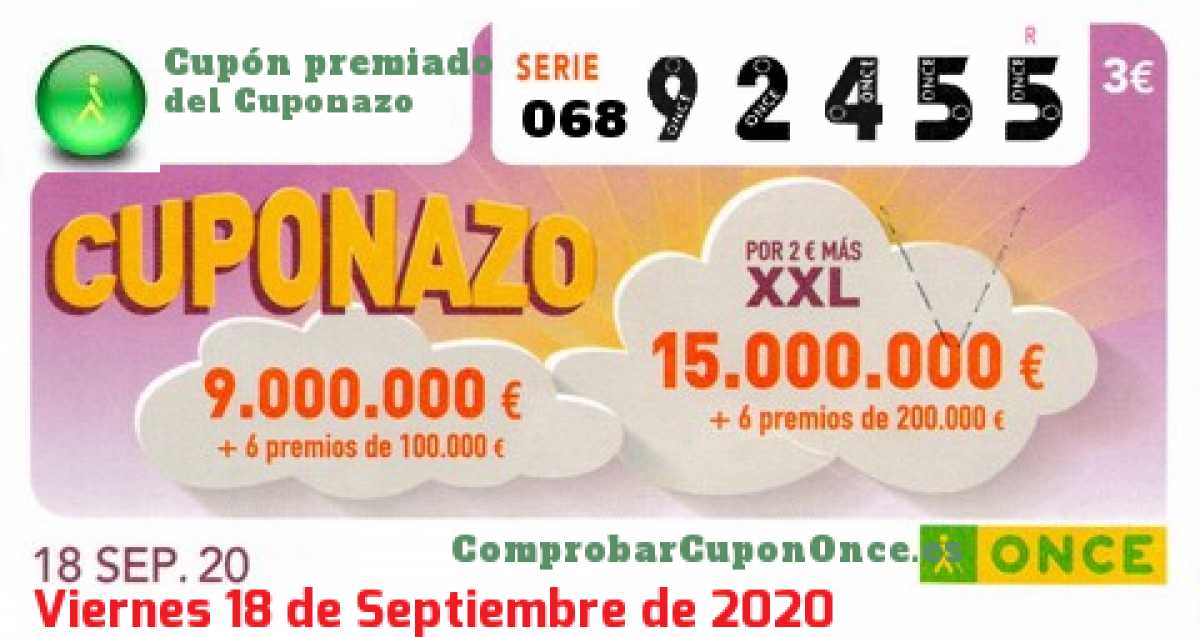 Cuponazo ONCE premiado el Viernes 18/9/2020